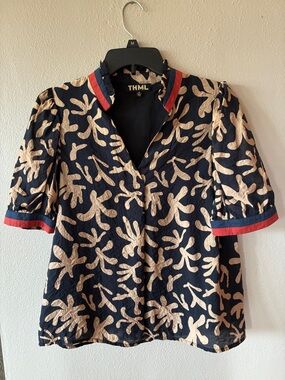 THML Black Top with Beige Abstract Print and Red-Navy Trim
